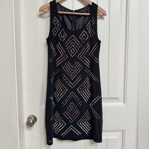 French Connection Black Multi Coloured Sequinned Sleeveless Shift Dress. Size 8